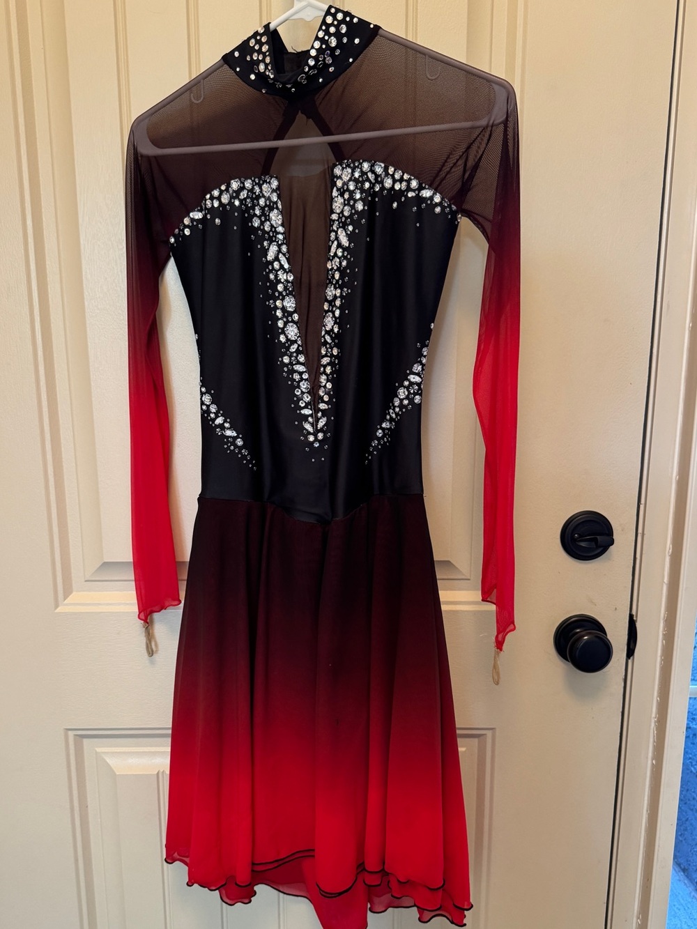 Black and Red Ombre Mesh Long-Sleeve Figure Skating Dress
